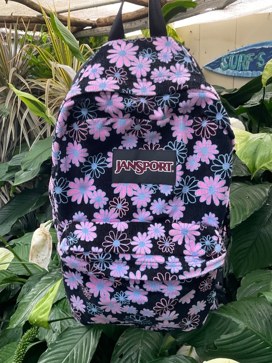 VTG JanSport Black With Pink Flowers Corduroy Backpack main image 7